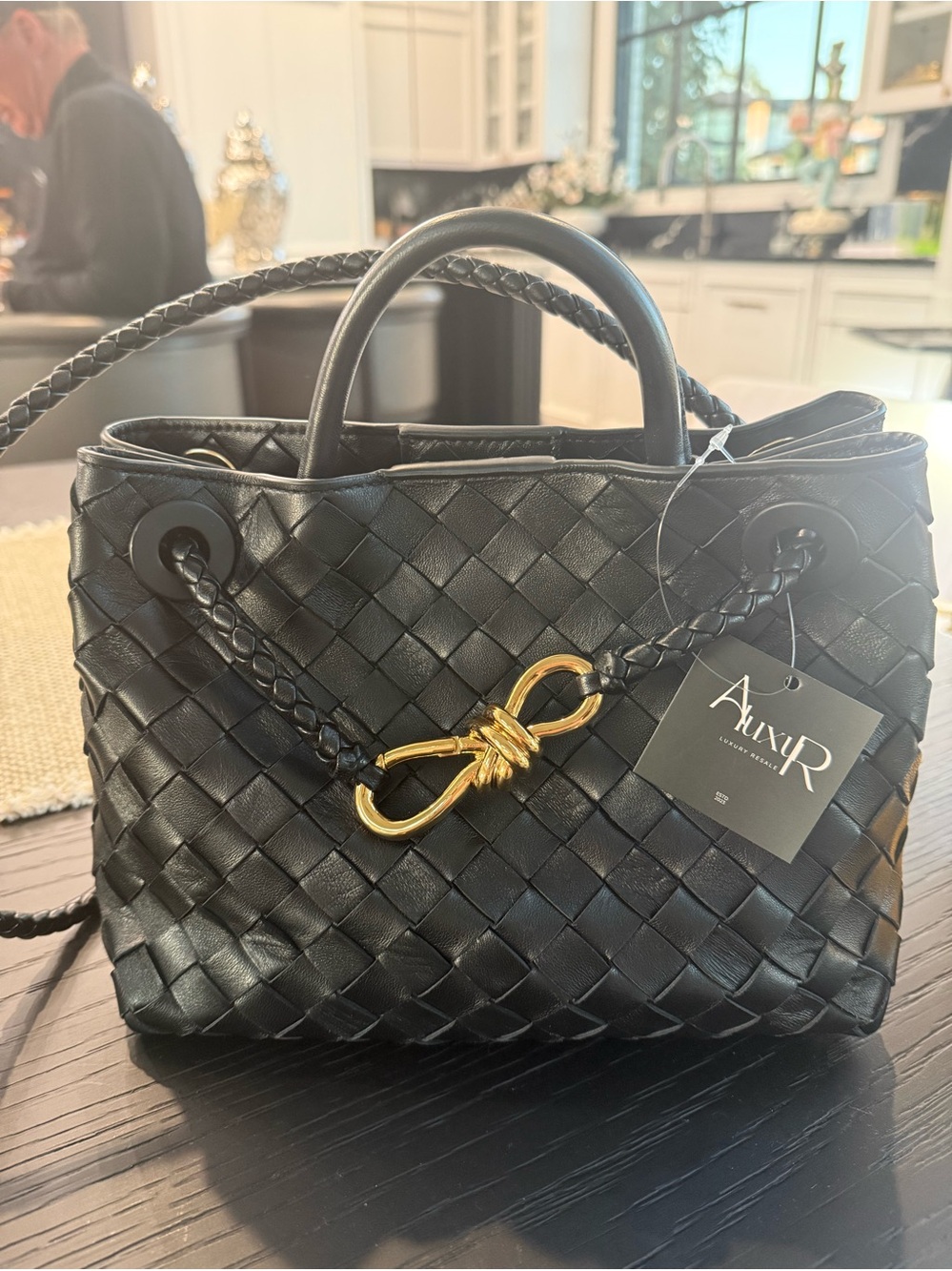 Bottega Veneta Black Intrecciato Leather Tote with Gold Knot Detail